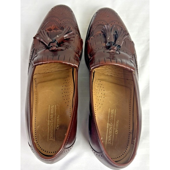 Johnston & Murphy Optima Sz 9.5 C Brown Leather Tassels Wing Tip Slip On Preppy - Picture 6 of 13